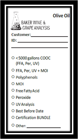 Baker Wine & Grape Olive Oil Analysis Label